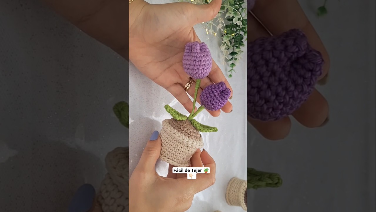 Crocheted flower pot with various flowers you can crochet