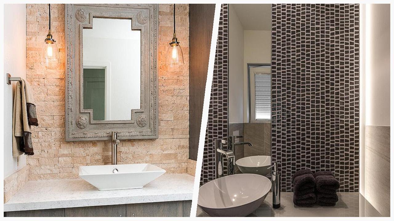 75 All Wall Tile Powder Room With Gray Cabinets Design Ideas You'll ...