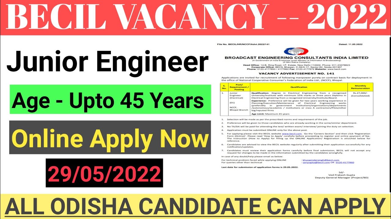 BECIL Recruitment 2022 !! Junior Engineer Job !! Latest Job Notification !! Find Your Job