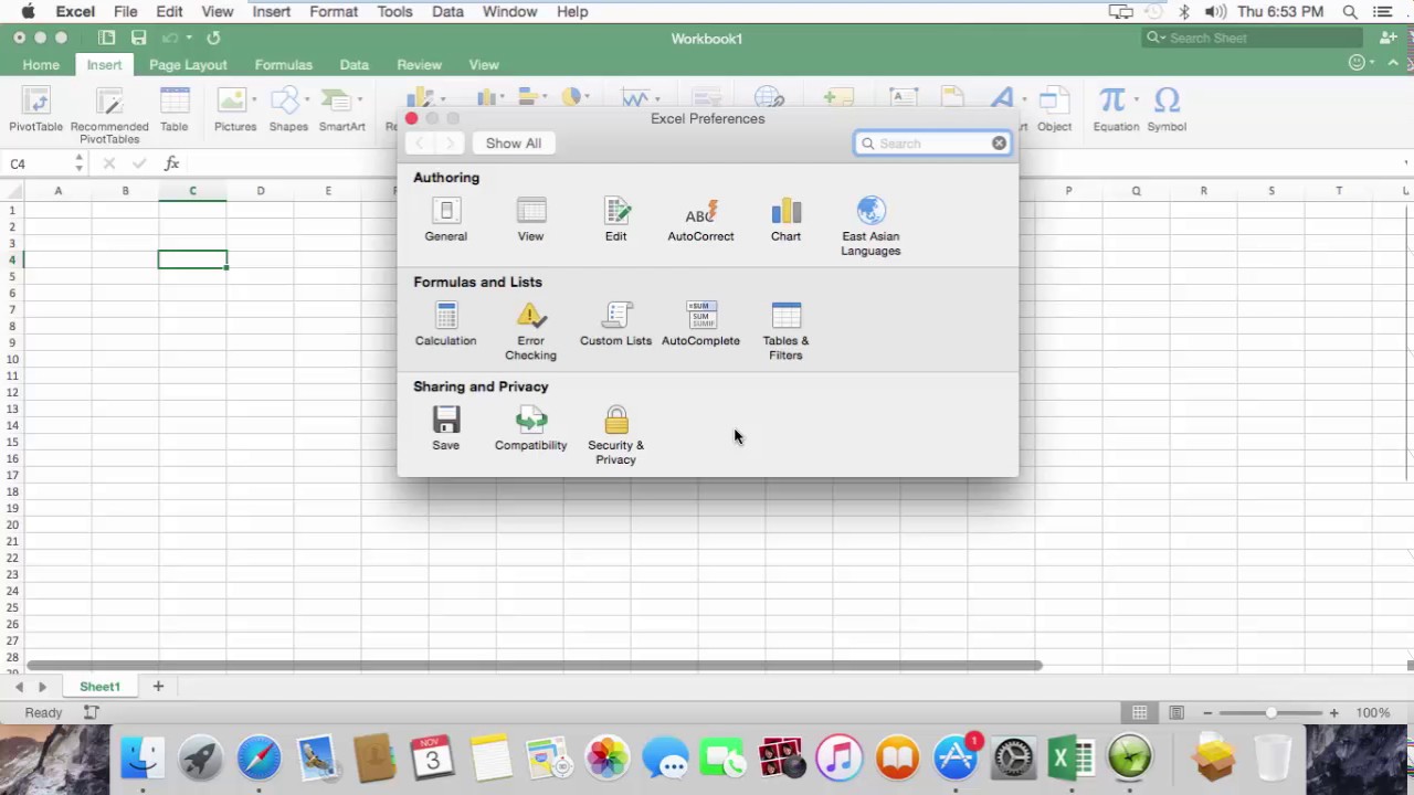 office 2016 for mac excel preferences