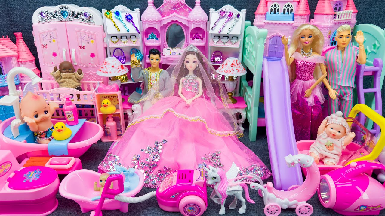 20 Minutes Satisfying Unboxing Pink Princess Doll House with Slide Bed Toys Collection Review Toys