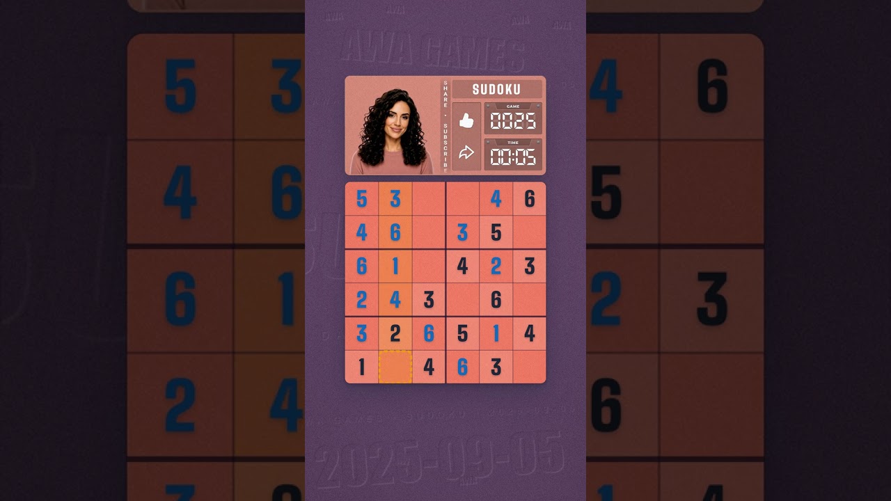 LinkedIn Mini Sudoku #25 solved board for September 5, 2025, 6x6 grid