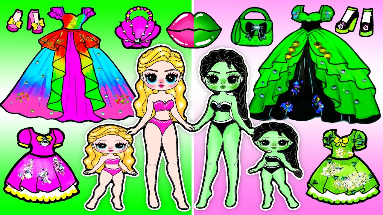 Радуга против Черной принцессы Диснея 🌈 Наряды для мамы и дочки Барби | Поделки из бумаги и искус...