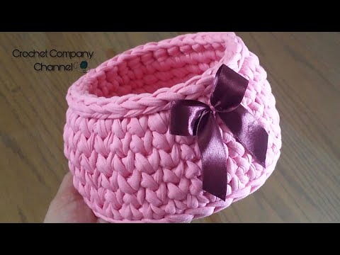 كروشيه باسكت دائرى بخيط التيشرت او الكليم _ How to crochet round basket T-Shirt Yarn