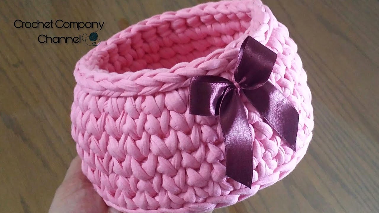 كروشيه باسكت دائرى بخيط التيشرت او الكليم _ How to crochet round basket T-Shirt Yarn