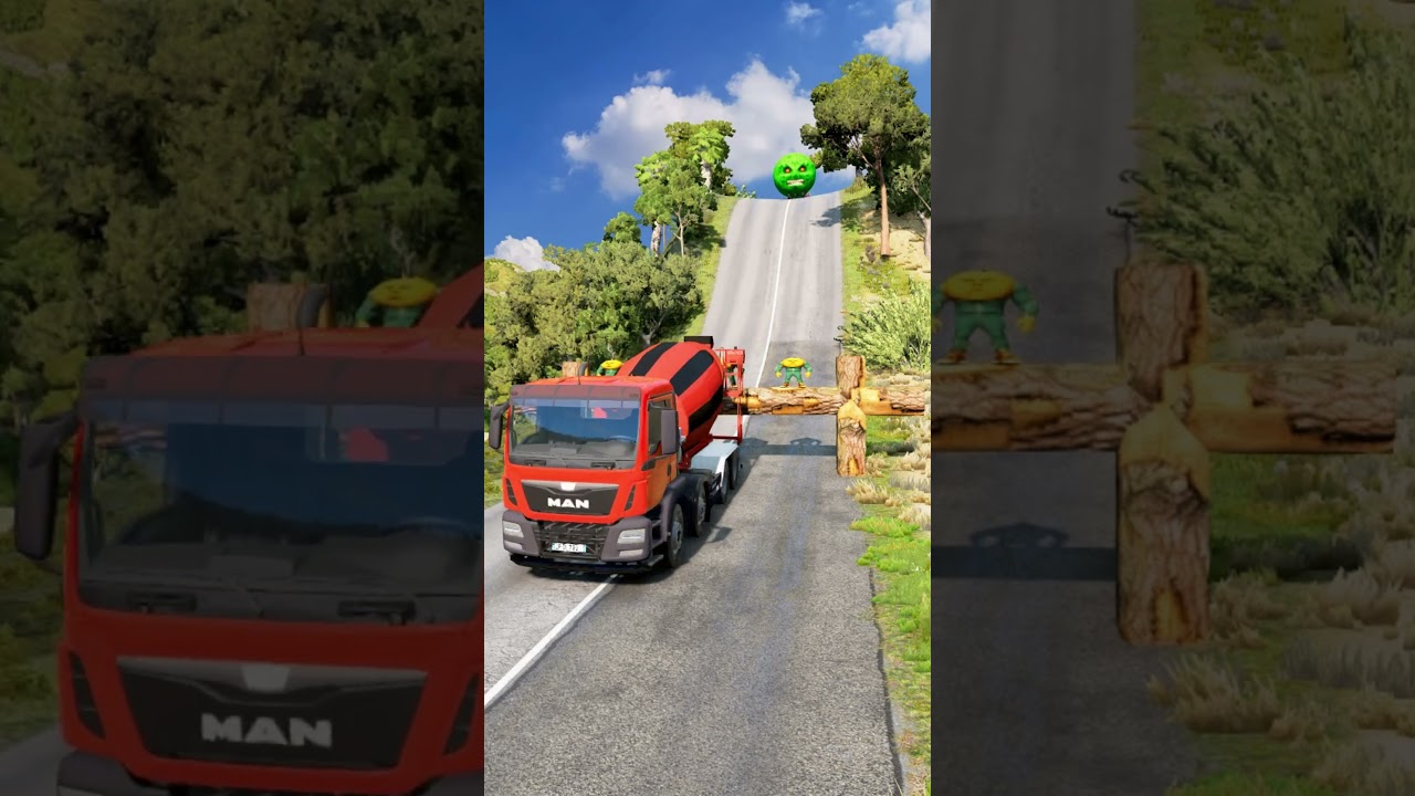 Long Capsule Buses & Cement Truck vs Log Trap (#3) - BeamNG.drive