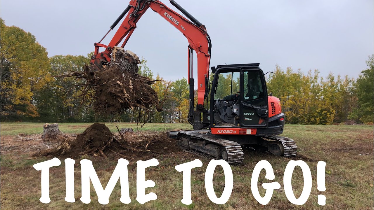 FINALLY HAVE THE 8 TON AT THE HOMESTEAD. KUBOTA KX-080-4 RIPPING OUT HUGE STUMPS