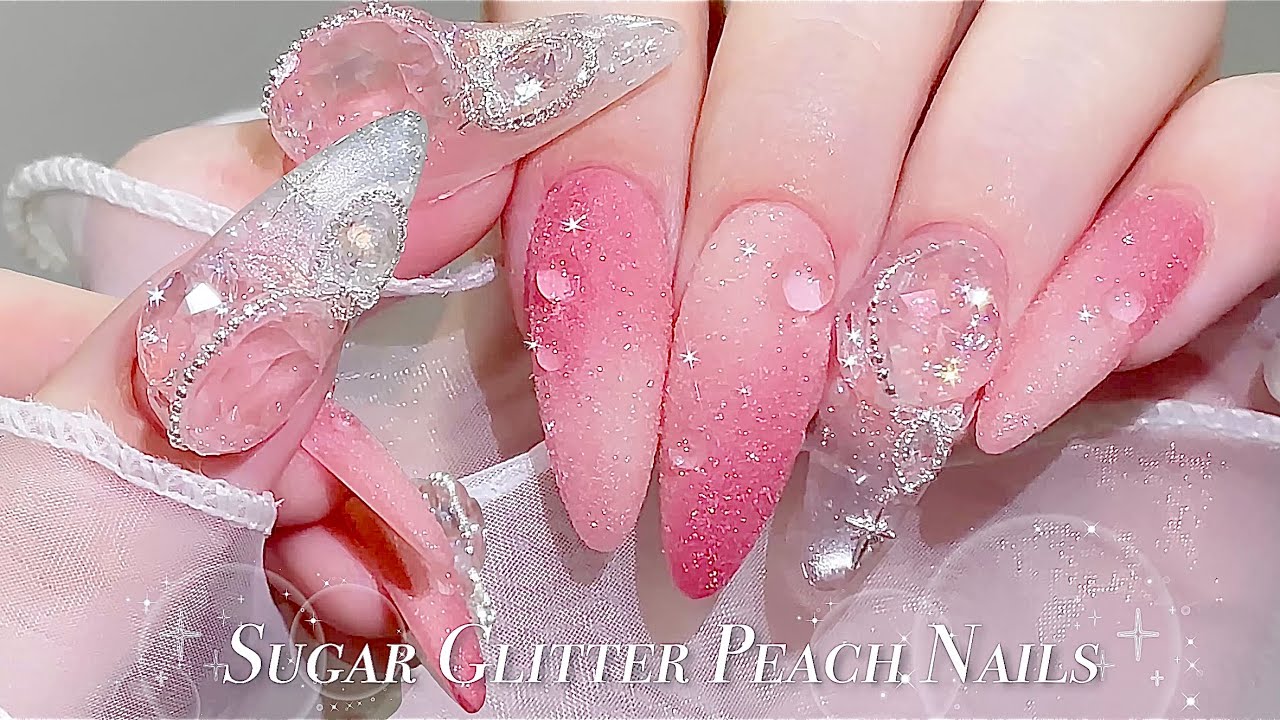 sub) Ногти цвета сахарного персика!🍑✨/🇰🇷Корейский маникюр / Как украсить ногти блестками!👀/ ASMR