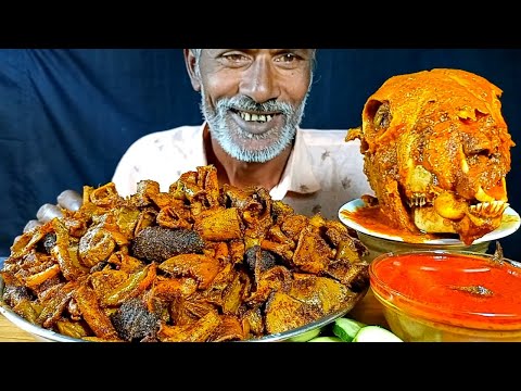 ASMR Eating*Mutton Head Curry, Crispy Mutton Boti Fry with Rice | Indian Mukbang show || Eating Show