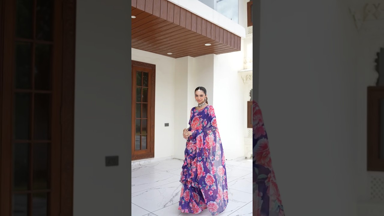 This flowy saree blends vibrant prints. From family functions to festive brunches,it’s a total mood.