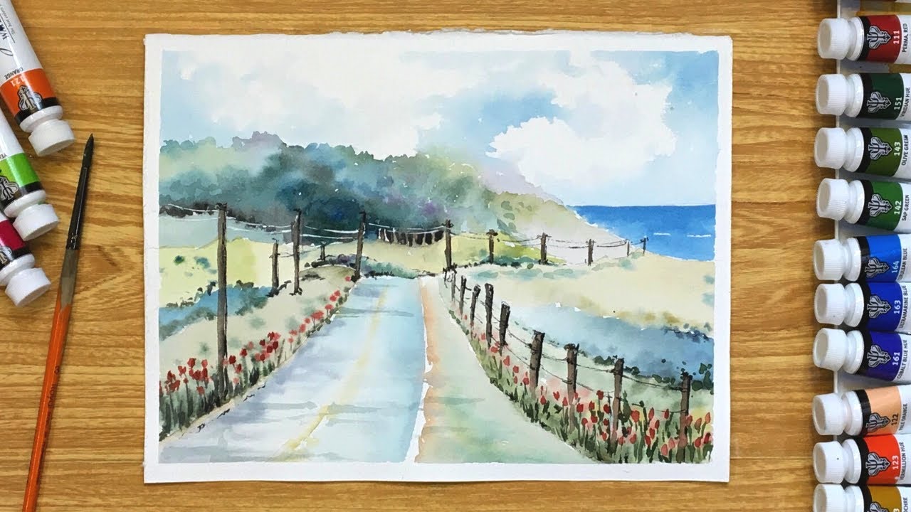 Watercolor Landscape Painting of a Road / Watercolour painting