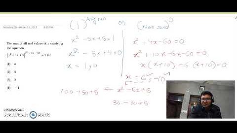 The sum of all real values of x satisfying the equation (x^2−5x+5)^(x^2+4x−60)=1 is (JEE Main 2016)