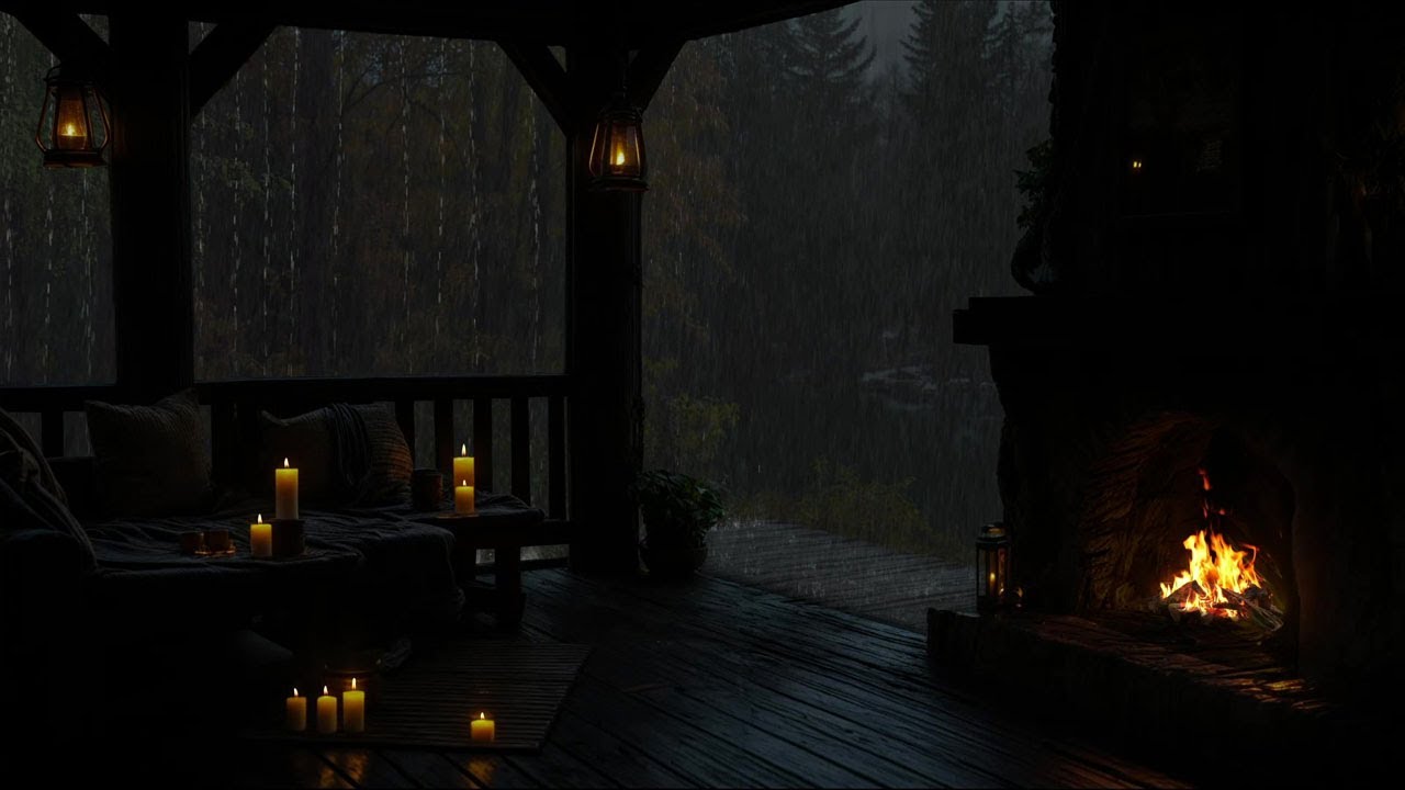 🔥 Cozy Cabin Porch with Crackling Fireplace & Rain Sounds | Peaceful ...