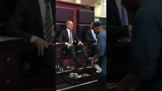 Kevin Spacey and Michael Kelly get their shoes shined in Union Station.