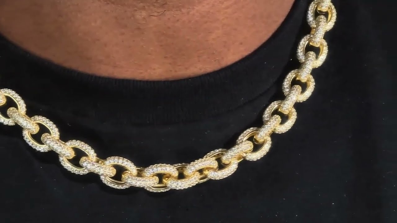 Rolo Hermes Link Chain Necklace Iced Out CZ Stones - Gold Vermeil 925 Silver - 12.5mm - 18-30"