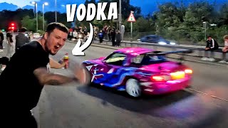 Modified Cars Leaving a Meet Gets Drunk Guy TOO Excited!