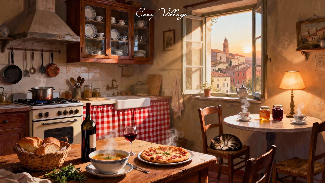 Warm Snowy Morning 1940s cozy kitchen | Jazz oldies playing in another room (crackling fireplace)