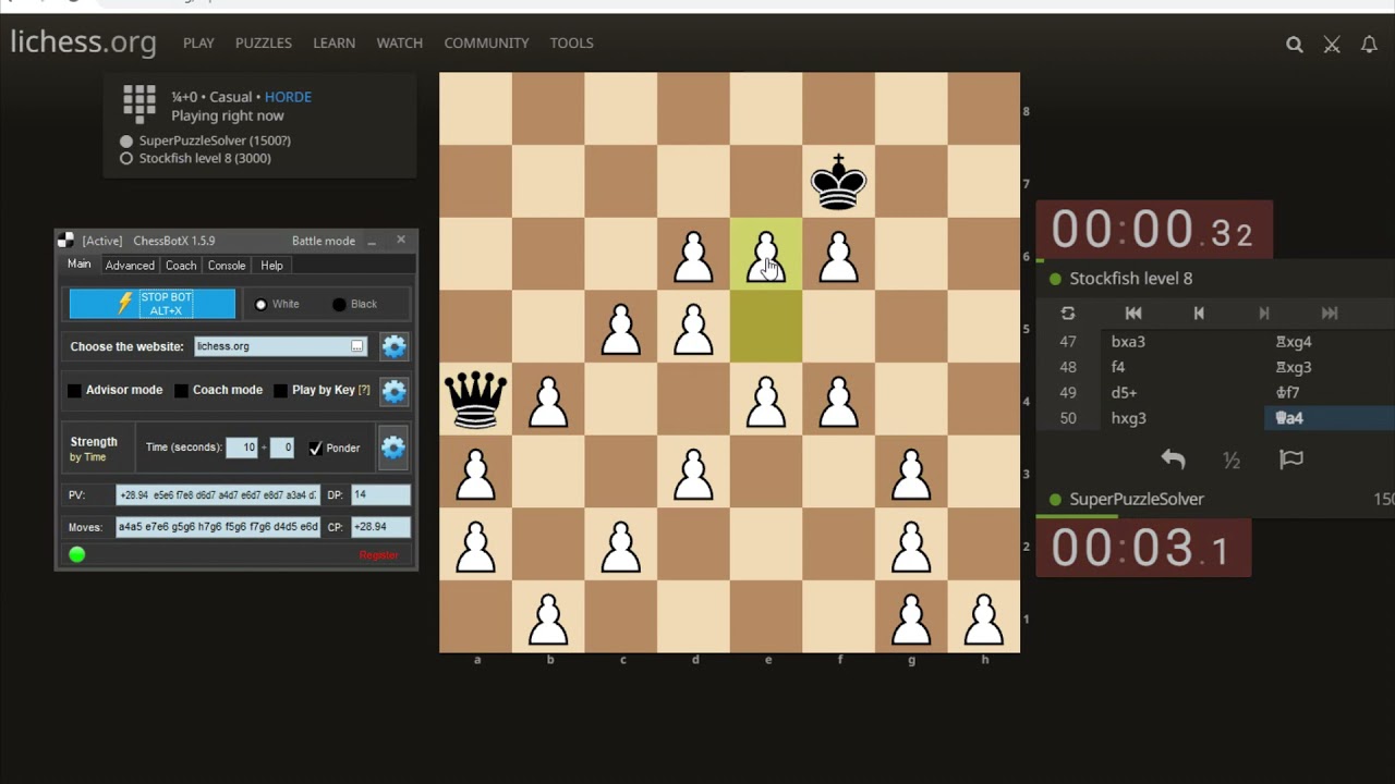 Chess bot playing HORDE ultrabullet vs STOCKFISH at Lichess 