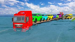 Triple Flatbed Trailer McQueen Transportation with Truck - Speedbumps vs Cars vs Train - BeamNG #322