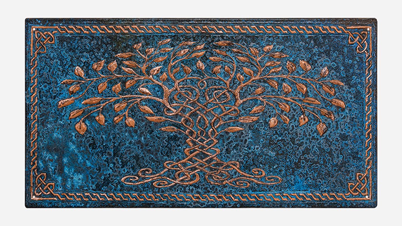 Copper Backsplash Panel (Celtic Tree of Life with Border, Blue Patina)