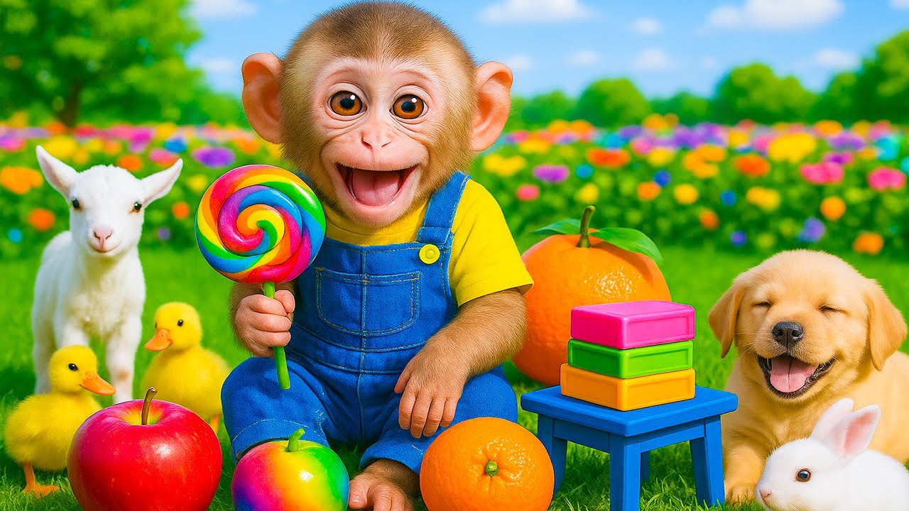 Macaco BIBI explora o jardim colorido com o cachorro e o coelho adoráveis