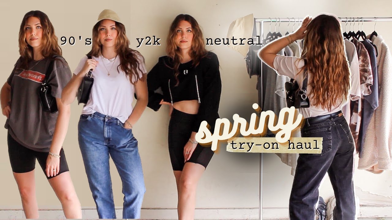 NEW! *neutral* Spring 2021 try-on haul 🌼 thrifted, h&m, target & more 🛍 90's & y2k aesthetic ✨