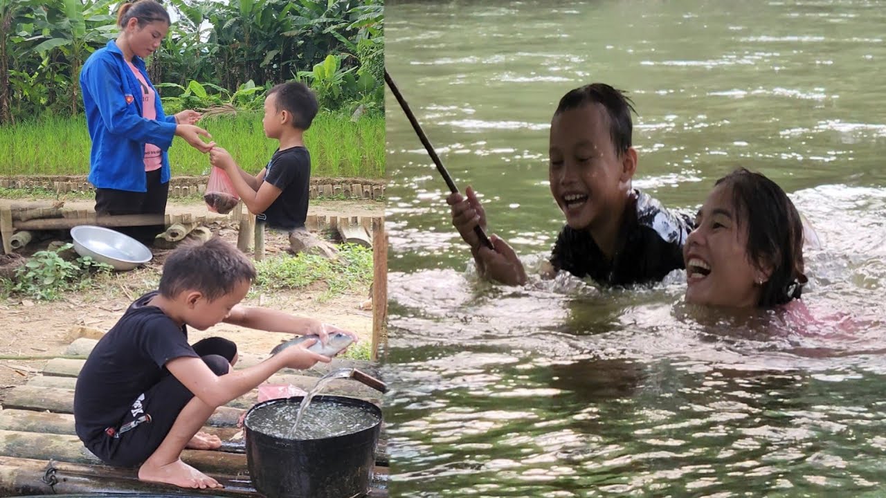 single mother with son: gardening, fishing, bathing in the stream ...