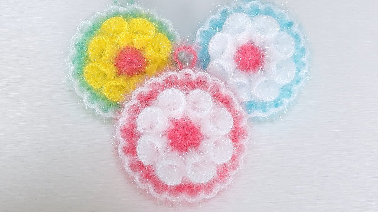 Вязаная крючком тарелка с цветами, скрабби/круглая паровая булочка с цветами, вязанная крючком та...