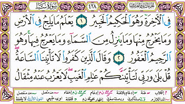 القرآن الكريم مقسم صفحات | الشيخ حاتم فريد | سورة سبأ | صفحة 428 مكتوبة | مصحف التجويد الملون