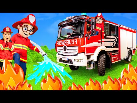 Kids Play with a Real Fire Truck and Rescue a Cat