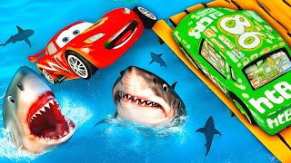 Falling LIGHTNING MCQUEEN vs GIANT SHARK! Chick Hicks pushed DRAGON MCQUEEN in the WATER! Pixar Cars