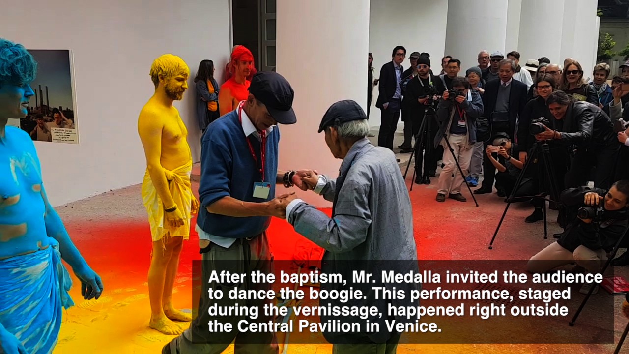 A performance by David Medalla and Adam Nankervis at the 57th Venice Art Biennale