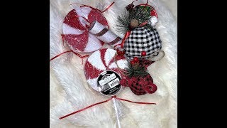 Dollar Tree  Pottery Barn's Buffalo Check ornaments, candy cane barrels & lollipops DIY