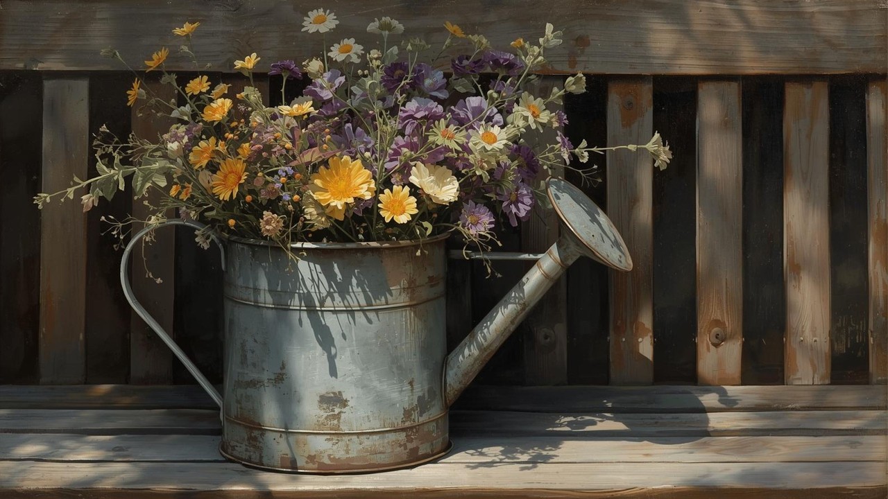 Rustic Watering Can Wildflowers Floral Vintage Painting | Frame TV Art | 2-Hour Screensaver