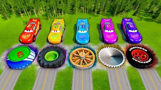 Mega Pixar Cars Pit Transform McQueen Into Mcqueen with Saw Wheels \& Different Wheel! BeamNG Battle!