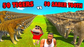50 TIGERS vs 50 SABER TOOTHED TIGER in Animal Revolt Battle Simulator with SHINCHAN CHOP FRANKLIN screenshot 4