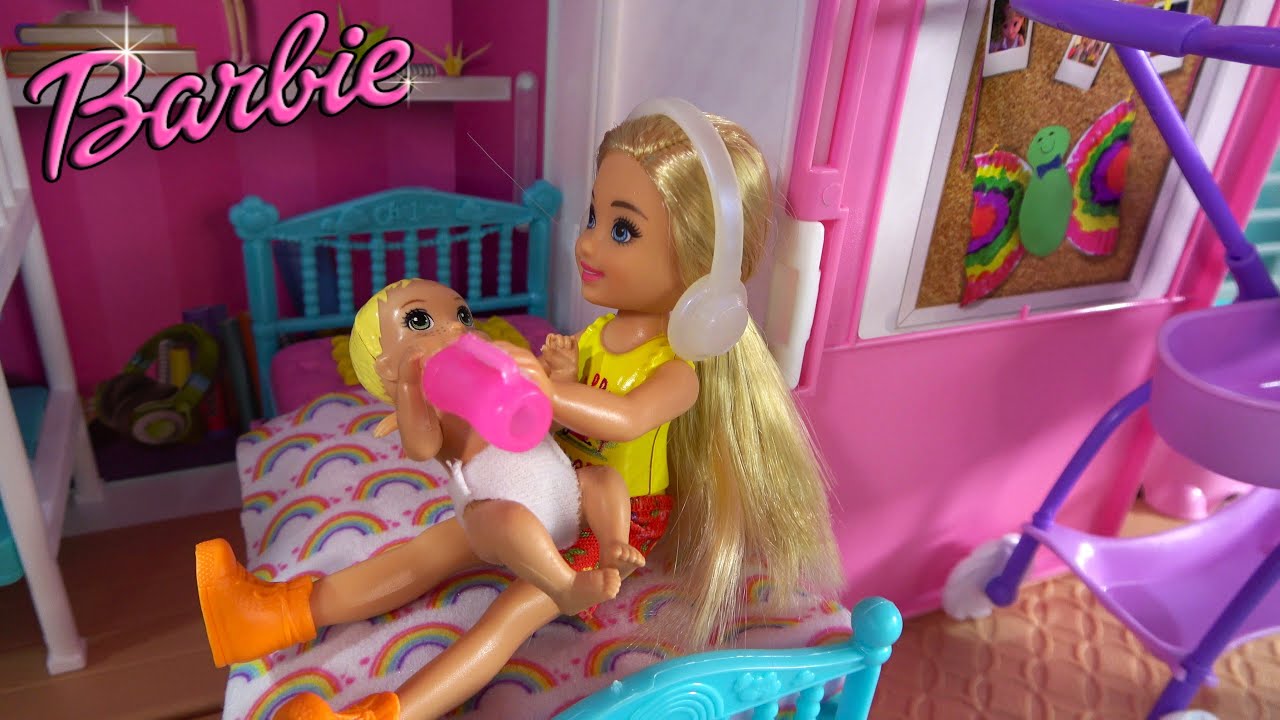 Barbie Ken in Barbie Dream House with Barbie's Sister Chelsea: How to Take of Baby - YouTube