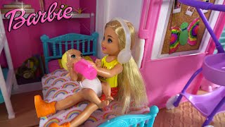 Barbie and Ken in Barbie Dream House with Barbie's Sister Chelsea: How to Take Care of Baby
