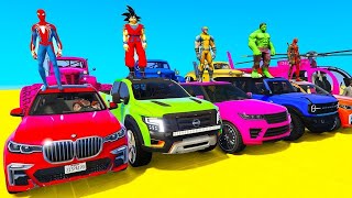 Spiderman Cars Race Challenge Mrga Multi Ramps ! Superhero Hulk Goku Jeep Racing  - Gta V Epic Stunt