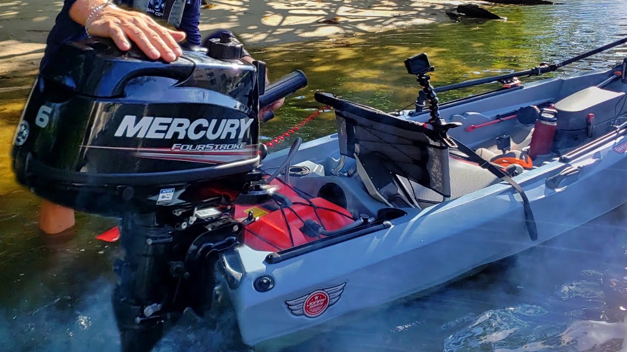 6HP Outboard on a Kayak Jonny Boats Bass 100 - YouTube