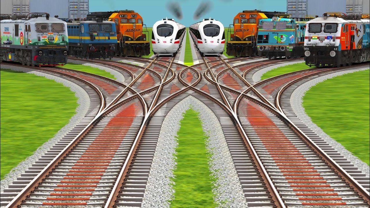 Diamond R Train Diesel And Electric Trains Crossing By Diamond Railroad Tracks l ...