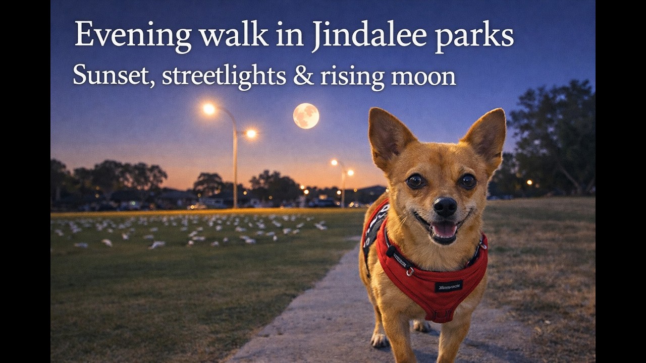 Evening walk in Jindalee parks. Sunset, streetlights & rising moon, with Chiqui the dog