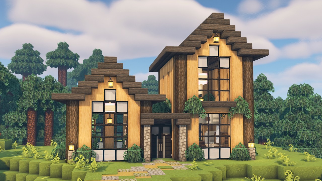 Minecraft | How to build a Wooden Modern House - YouTube