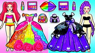 Rainbow VS Black Huntrix RUMI MIRA 🌈 Makeup and Dress Up Fashion Playset Handmade | DIY Paper Dolls