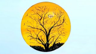Easy sunset painting in circle drawing | Beautiful black Nature Drawing in circle
