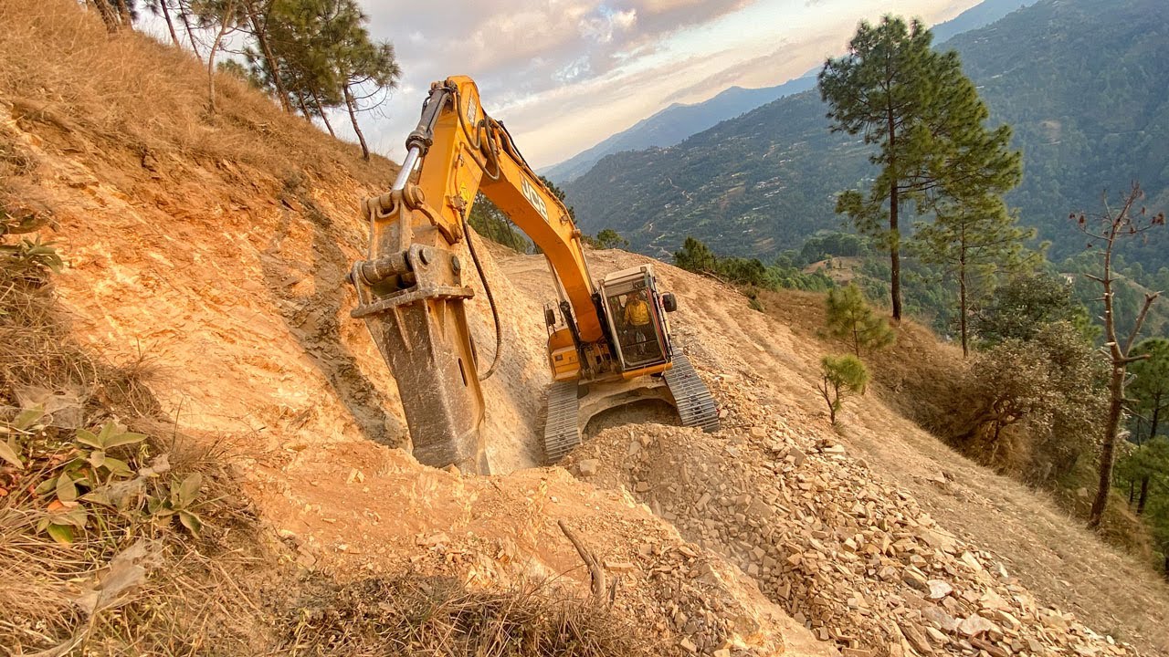 JCB rock breaker digging for road construction | Excavator amazing work in danger hilly road | JCB