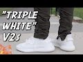 triple white yeezy on feet