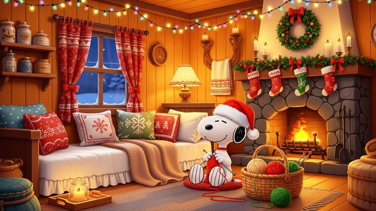 Christmas Night Knitting with Snoopy 🎄Warm Lofi Vibes to Relax & Unwind ❄️ Relaxing by the Fireplace