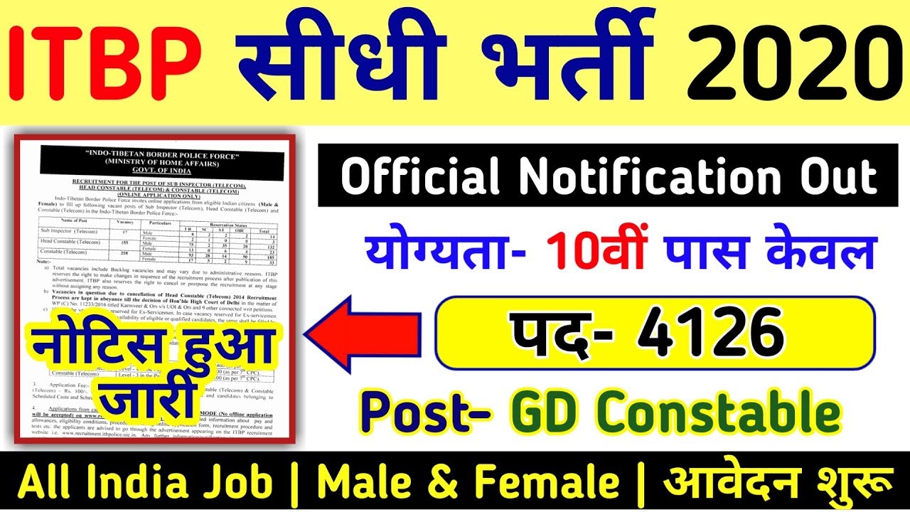 ITBP सीधी भर्ती 2020//ITBP Recruitment 2020 //ITBP GD Constable Vacancy 2020//All States Job in itbp