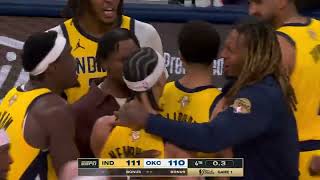 OKC-Indiana end of the match. Haliburton's shot. Shaq's reaction. 2025 PO Finals. Game 1